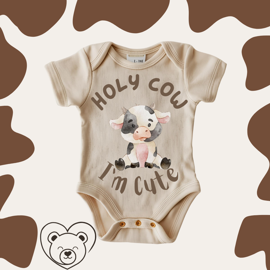 Holy Cow I’m Cute Onesie – Dark Beige Baby Outfit with Cow Design