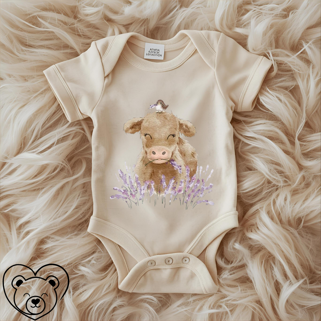 Lavender Cow Onesie – Beige Baby Girl Outfit with Cow & Lavender Field