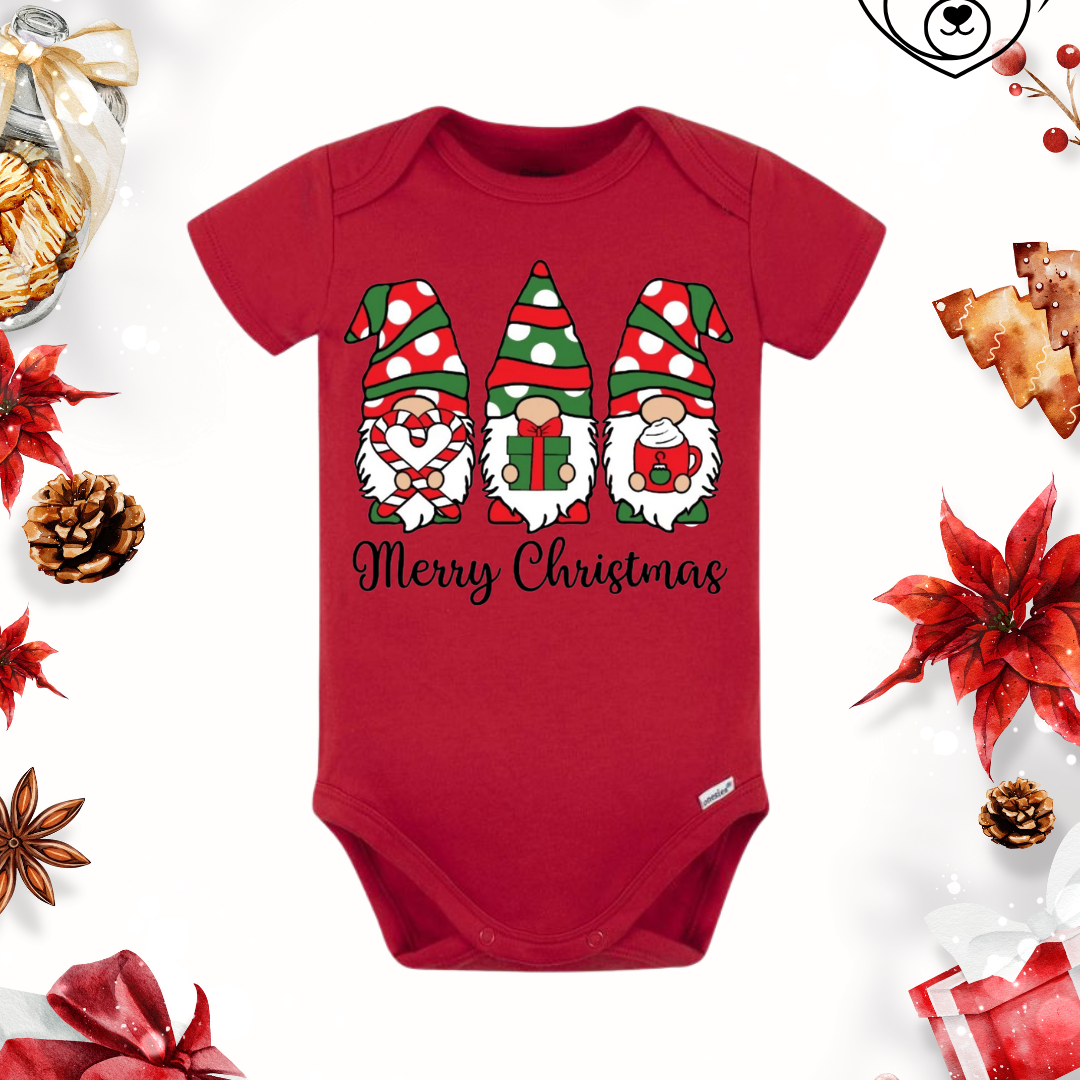 Red baby onesie with Christmas-themed design surrounded by festive decorations on a white background