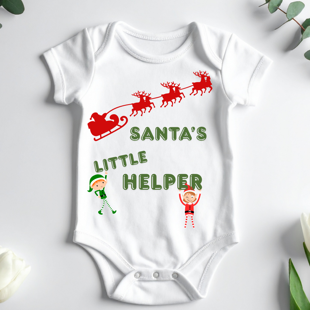 White baby onesie with Christmas-themed design on a light gray background